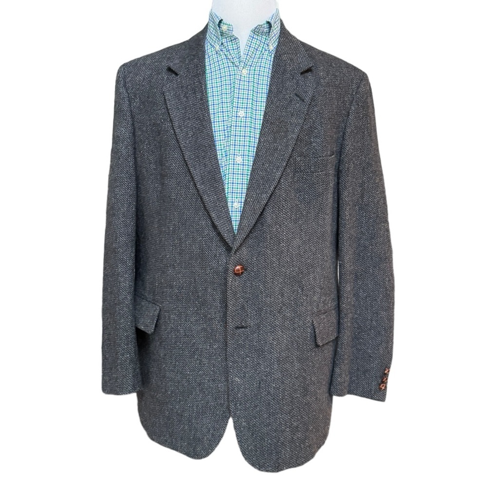 Vintage Mens Grey Wool Herringbone Two Button Sport Coat Blazer Size 48L